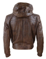Mens Brown Leather Bomber Jacket with Hood
