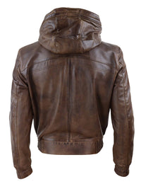 Mens Brown Leather Bomber Jacket with Hood