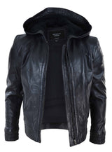 Mens Black Leather Bomber Jacket with Hood