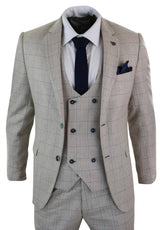 Men's 3 Piece Cream Blue-Check Suit