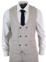 Men's 3 Piece Cream Blue-Check Suit