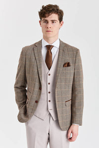 Costume en tweed Harris Brown avec gilet et pantalon contrastants couleur pierre
