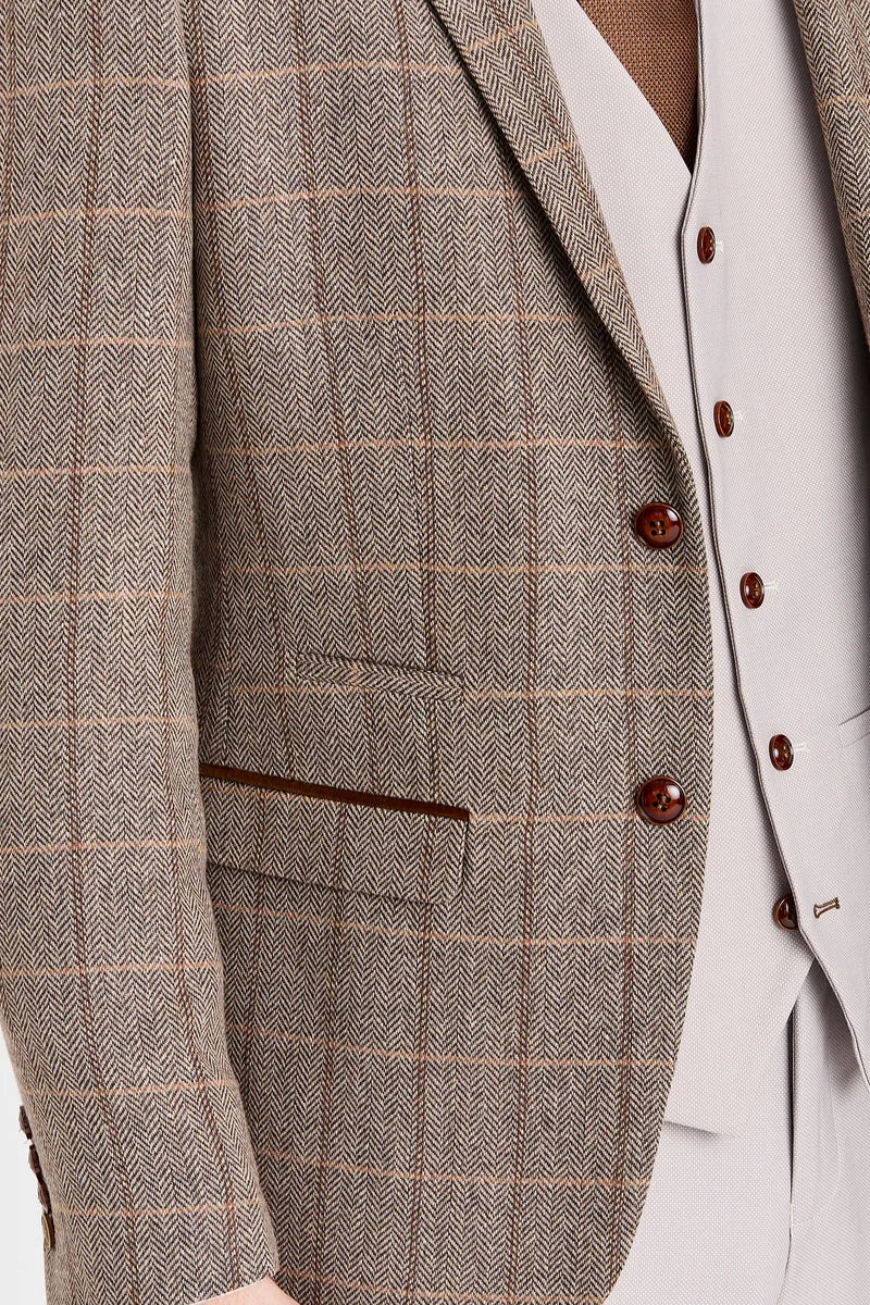 Costume en tweed Harris Brown avec gilet et pantalon contrastants couleur pierre