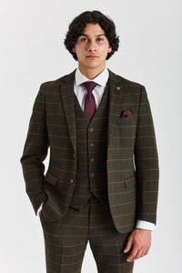 Harris - Costume 3 pièces en tweed vert mélangé laine pour homme