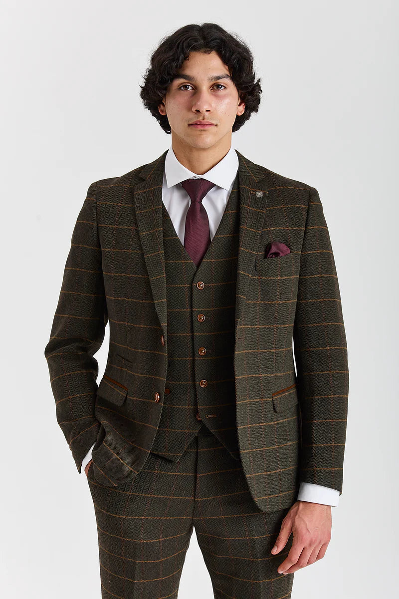 Harris - Costume 3 pièces en tweed vert mélangé laine pour homme