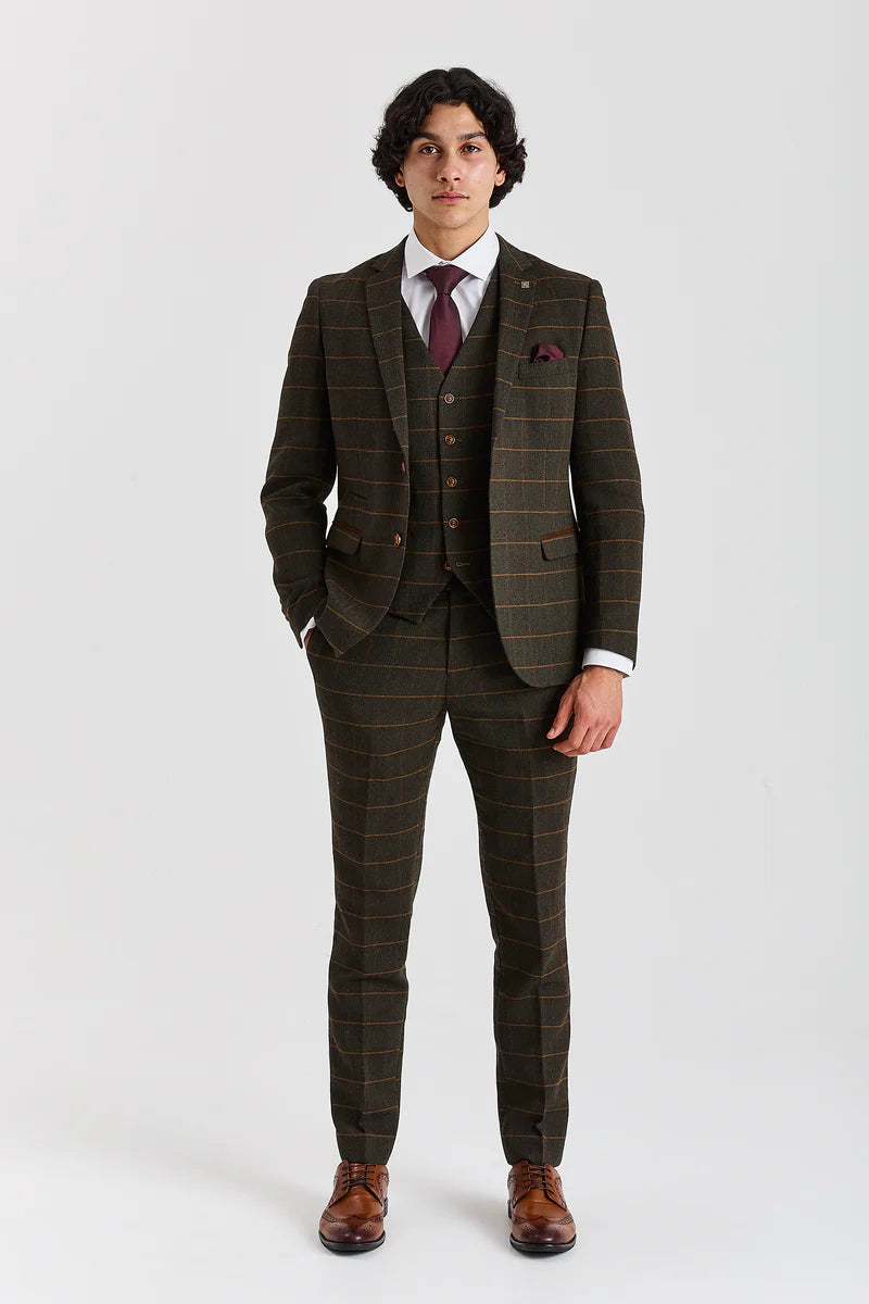 Harris - Costume 3 pièces en tweed vert mélangé laine pour homme
