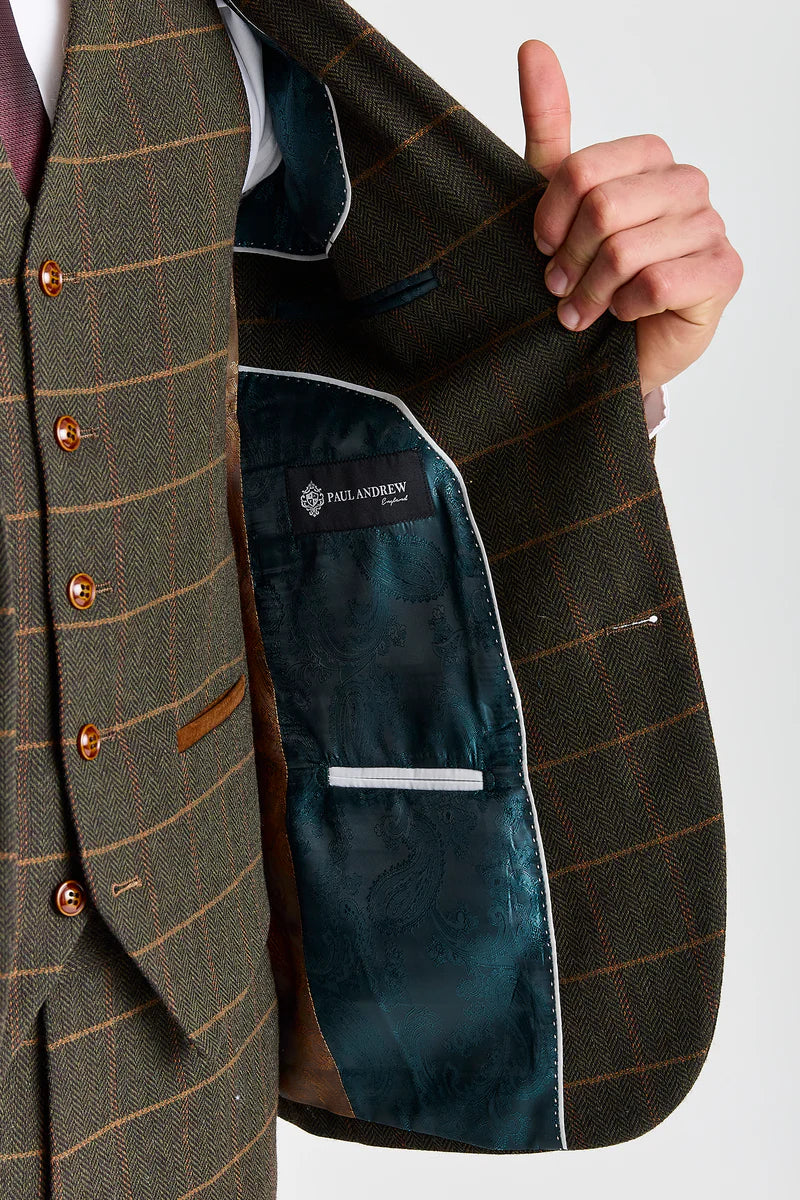Harris - Costume 3 pièces en tweed vert mélangé laine pour homme