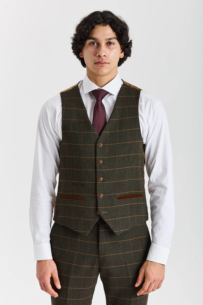 Harris - Costume 3 pièces en tweed vert mélangé laine pour homme