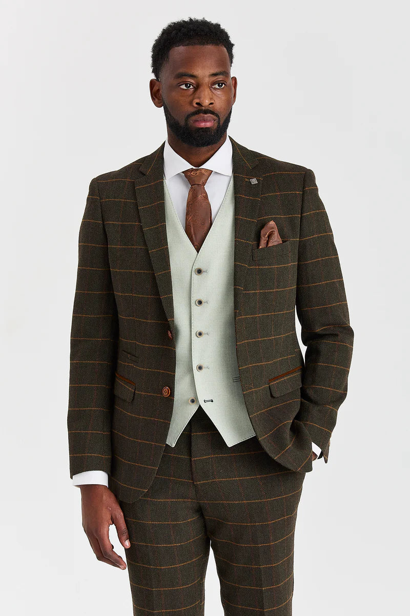 Costume en tweed à carreaux vert Harris avec gilet contrastant sauge Belmont