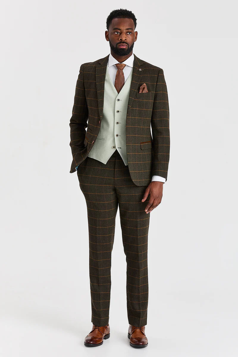 Costume en tweed à carreaux vert Harris avec gilet contrastant sauge Belmont