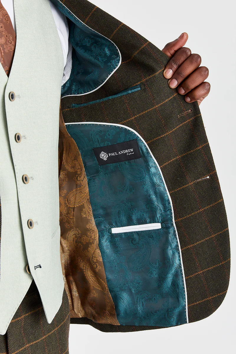 Costume en tweed à carreaux vert Harris avec gilet contrastant sauge Belmont