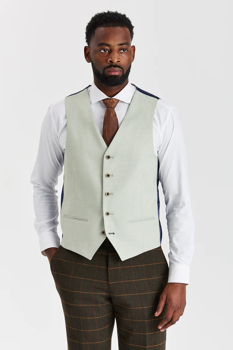 Costume en tweed à carreaux vert Harris avec gilet contrastant sauge Belmont