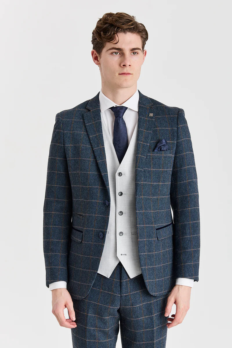 Costume en tweed bleu marine Harris avec gilet argenté Belmont contrastant
