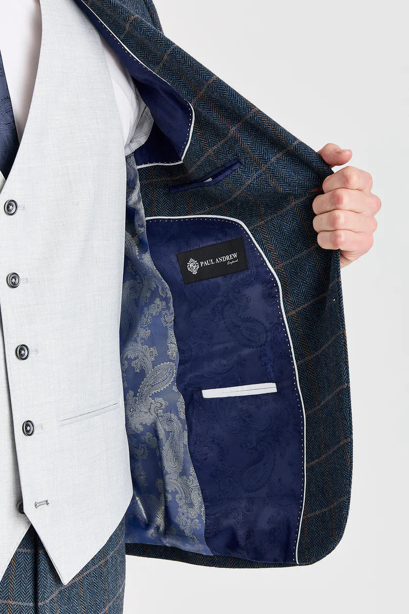 Costume en tweed bleu marine Harris avec gilet argenté Belmont contrastant