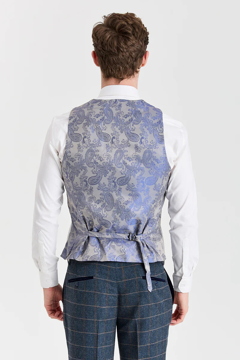 Costume en tweed bleu marine Harris avec gilet argenté Belmont contrastant