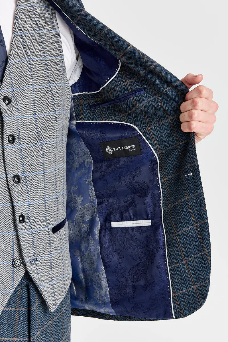 Costume en tweed marine Harris avec gilet contrastant en tweed gris Harris