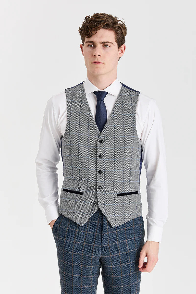 Costume en tweed marine Harris avec gilet contrastant en tweed gris Harris