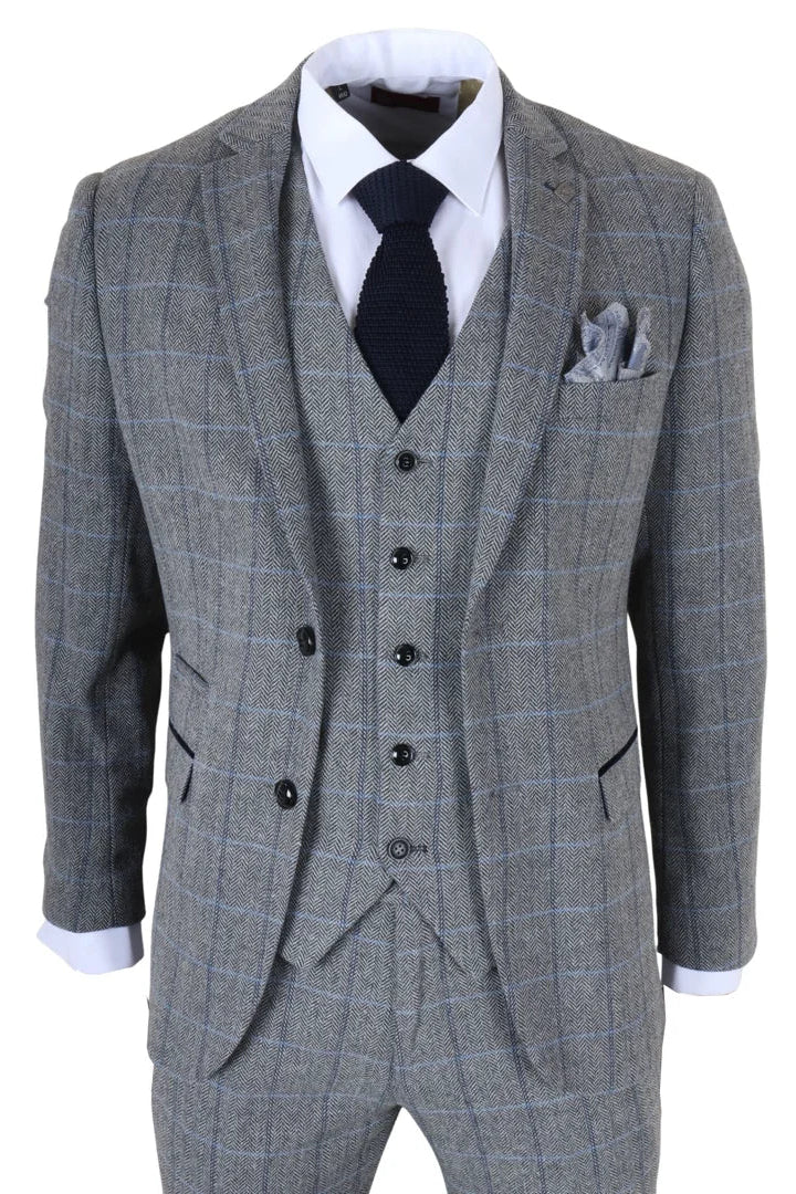 Harris - Costume trois pièces en tweed à chevrons gris pour homme