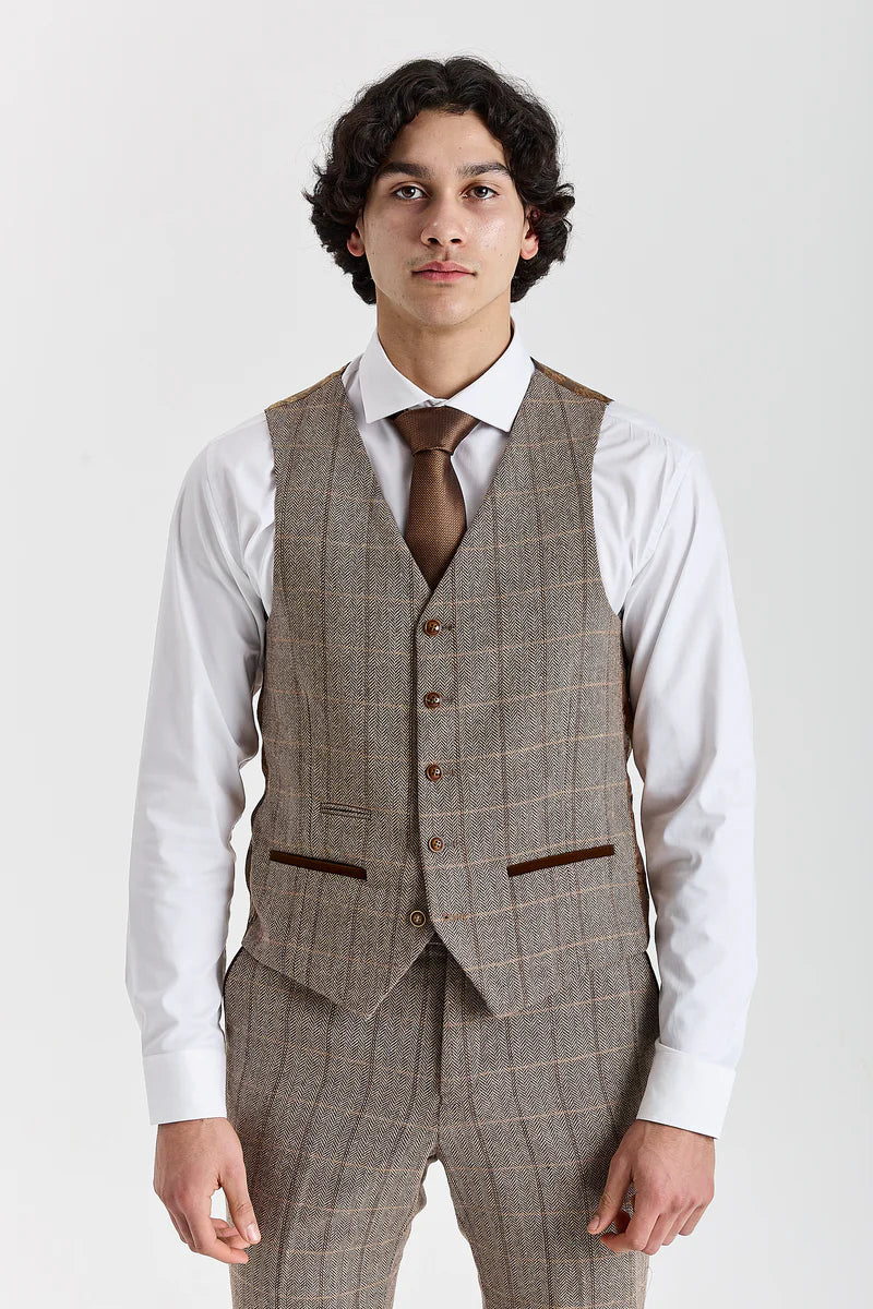 Gilet Harris - Tweed marron à chevrons pour homme