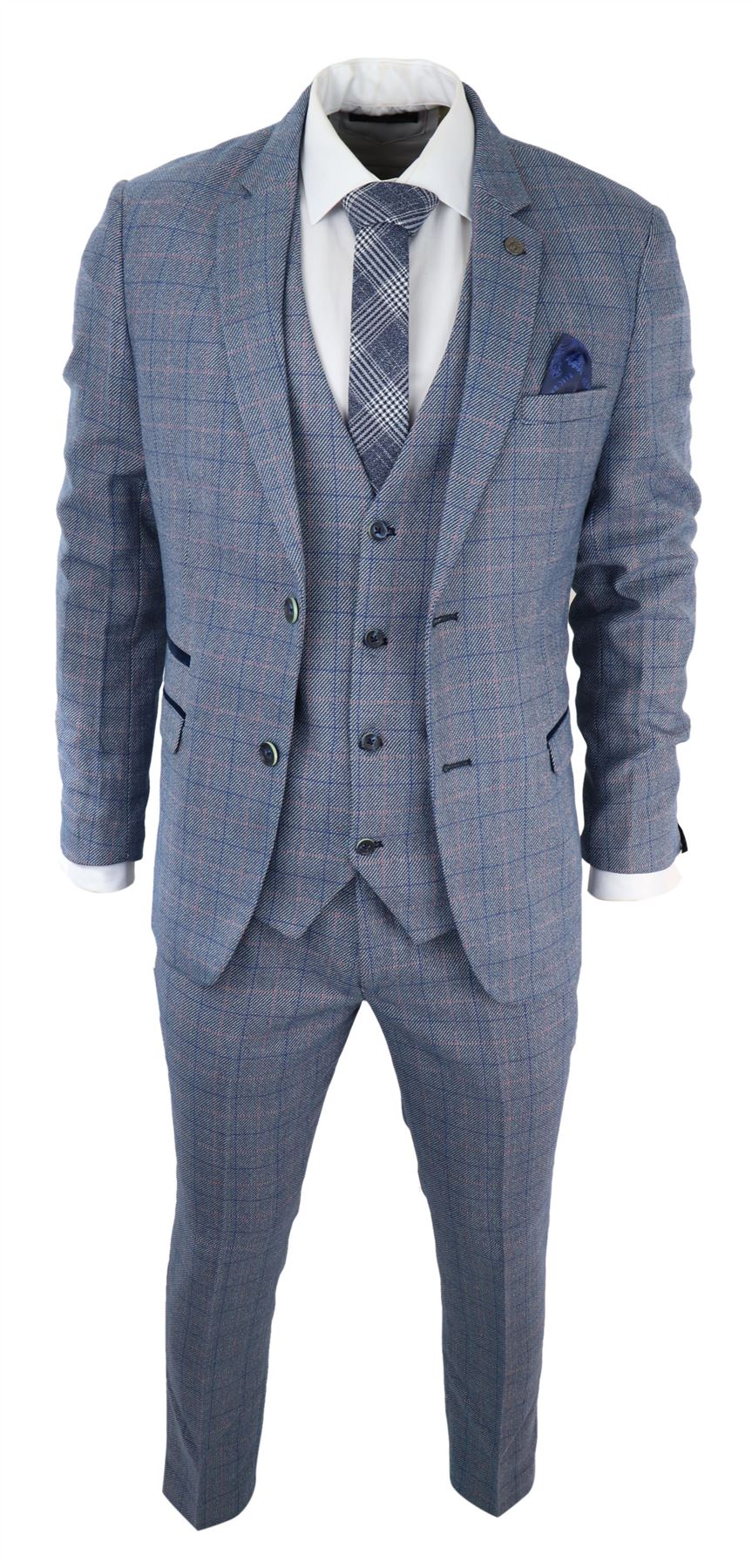 Mens 3 Piece Suit Sky Blue Check Wool Feel Marc Darcy Tailored Fit Wedding Prom Harry