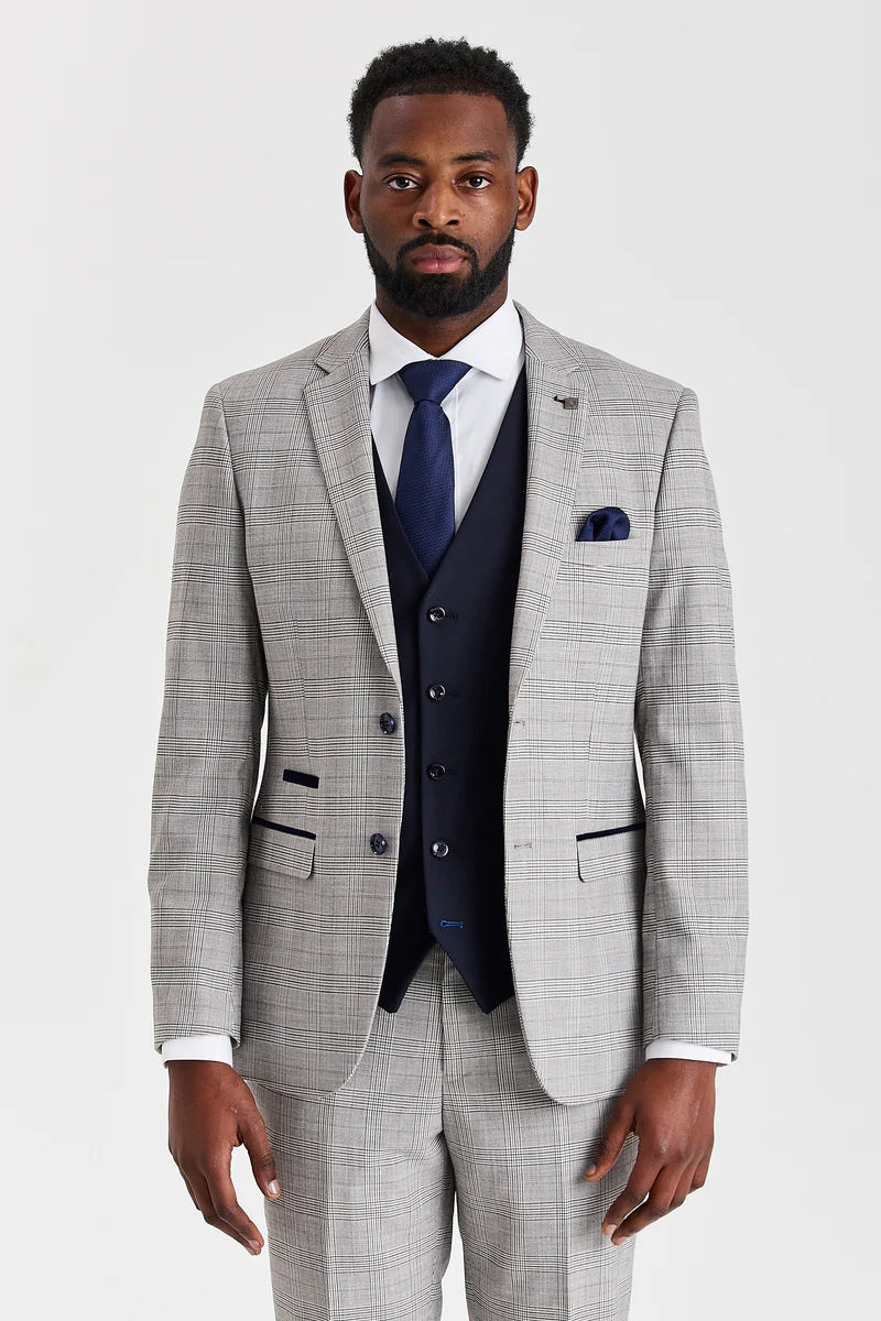 Costume Hugo Grey avec gilet contrastant bleu marine Parker
