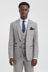 Costume trois pièces Hugo pour homme, gris clair, à carreaux bleu marine et finitions en velours