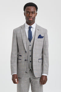 Costume trois pièces Hugo pour homme, gris clair, à carreaux bleu marine et finitions en velours
