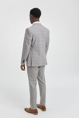 Costume trois pièces Hugo pour homme, gris clair, à carreaux bleu marine et finitions en velours