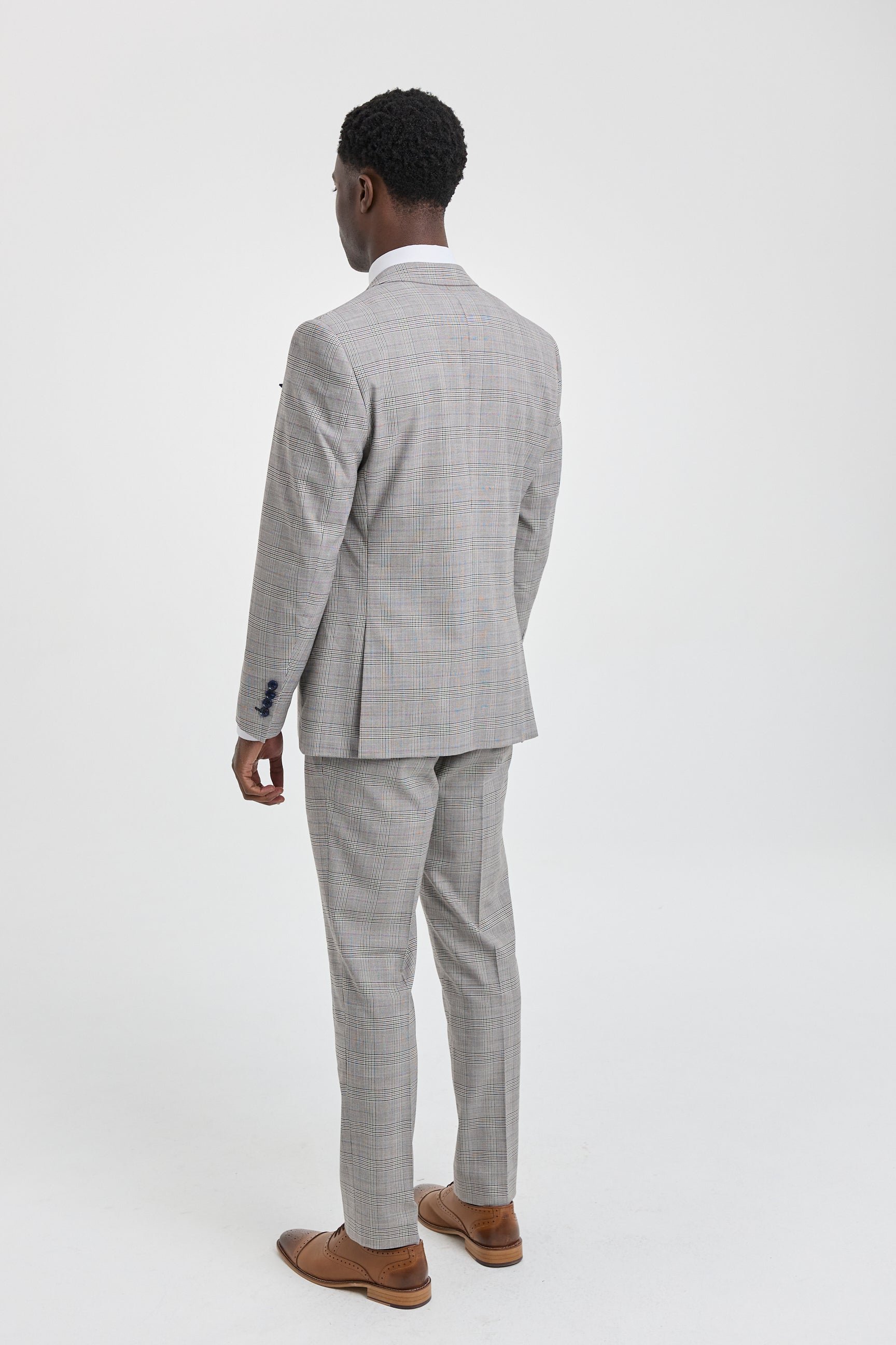 Costume trois pièces Hugo pour homme, gris clair, à carreaux bleu marine et finitions en velours