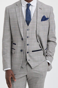 Costume trois pièces Hugo pour homme, gris clair, à carreaux bleu marine et finitions en velours