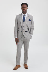 Costume trois pièces Hugo pour homme, gris clair, à carreaux bleu marine et finitions en velours