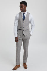 Costume trois pièces Hugo pour homme, gris clair, à carreaux bleu marine et finitions en velours