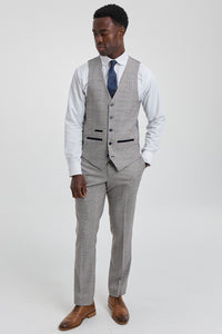 Costume trois pièces Hugo pour homme, gris clair, à carreaux bleu marine et finitions en velours