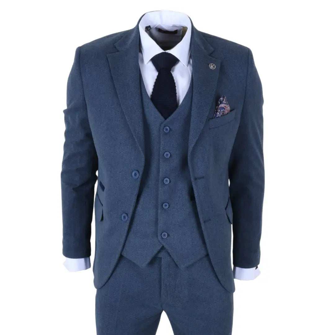 IM40 - Costume trois pièces en tweed à chevrons bleu marine pour homme