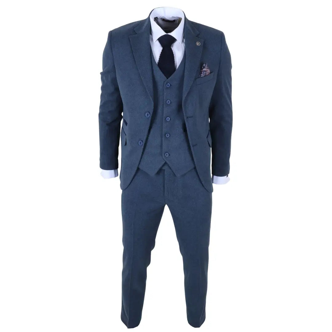 IM40 - Costume trois pièces en tweed à chevrons bleu marine pour homme