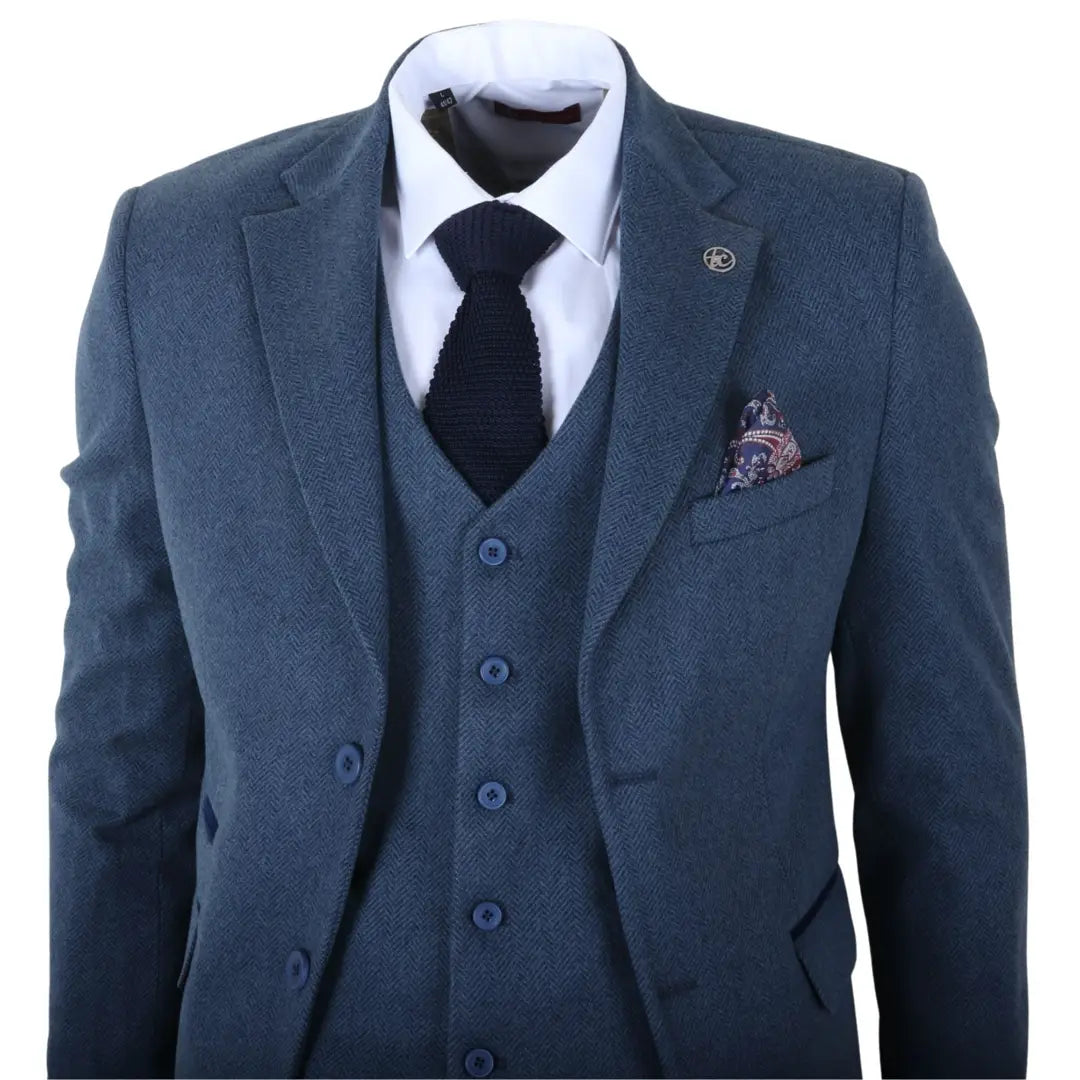 IM40 - Costume trois pièces en tweed à chevrons bleu marine pour homme