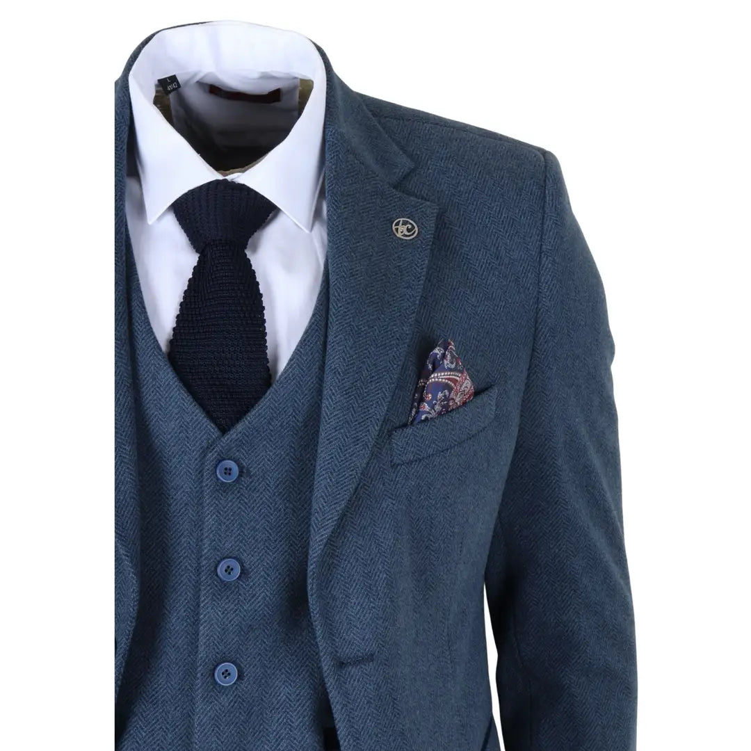 IM40 - Costume trois pièces en tweed à chevrons bleu marine pour homme