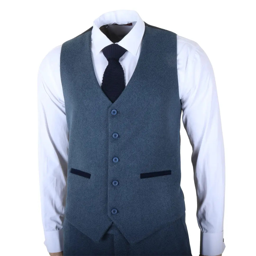 IM40 - Costume trois pièces en tweed à chevrons bleu marine pour homme