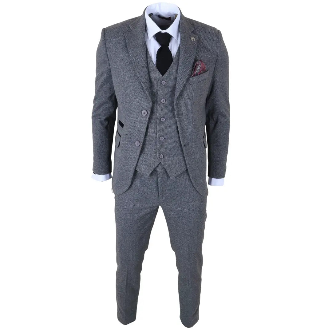 IM41 - Costume trois pièces en tweed gris à chevrons pour homme