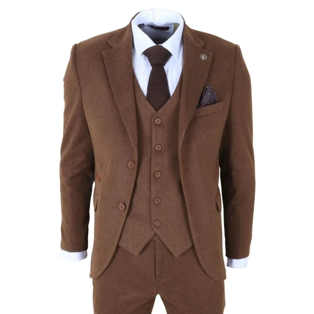 IM42 - Costume trois pièces en tweed à chevrons marron pour homme