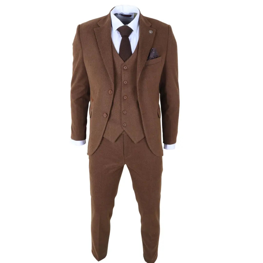 IM42 - Costume trois pièces en tweed à chevrons marron pour homme