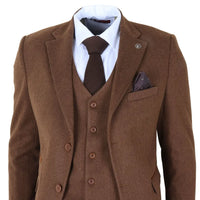 IM42 - Costume trois pièces en tweed à chevrons marron pour homme