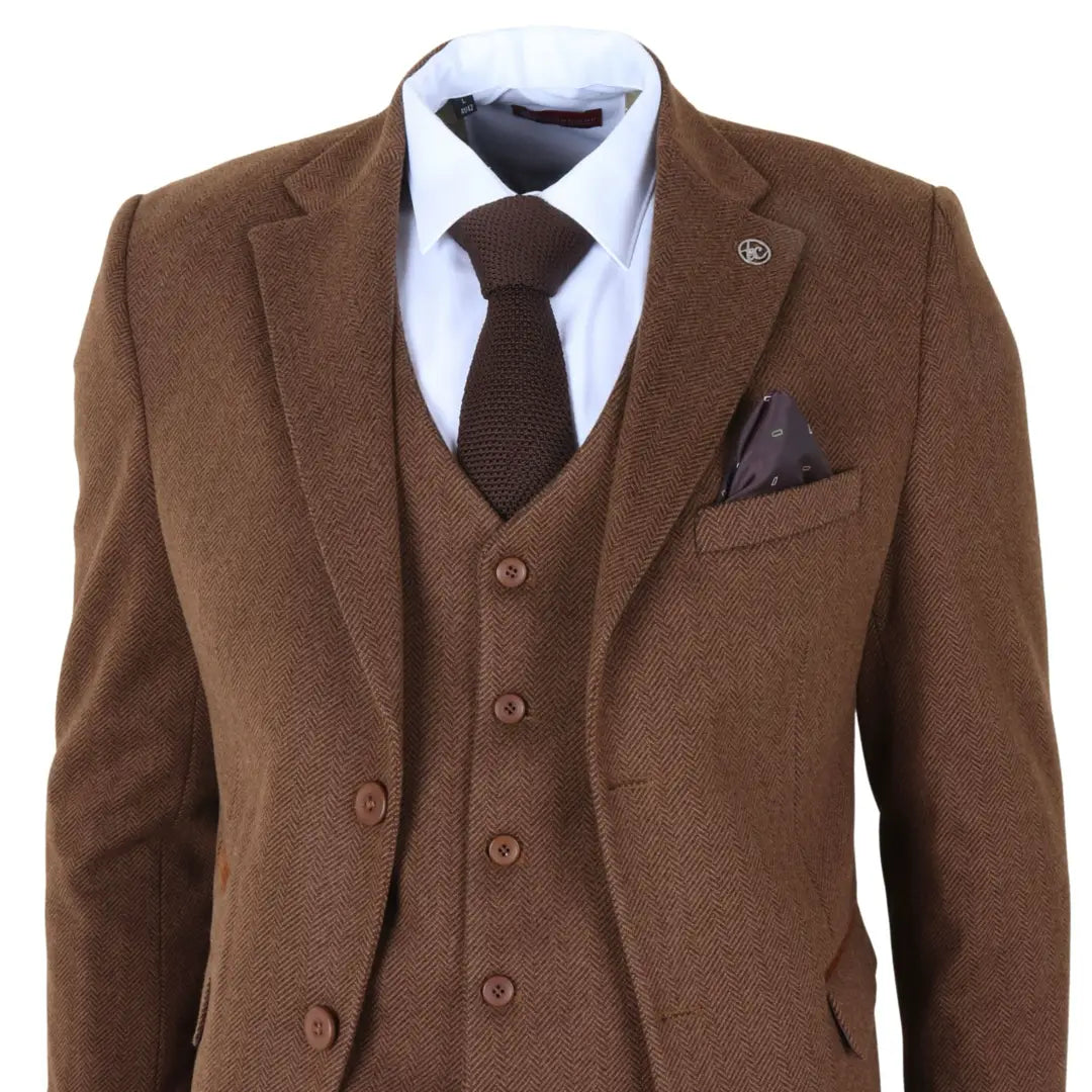 IM42 - Costume trois pièces en tweed à chevrons marron pour homme