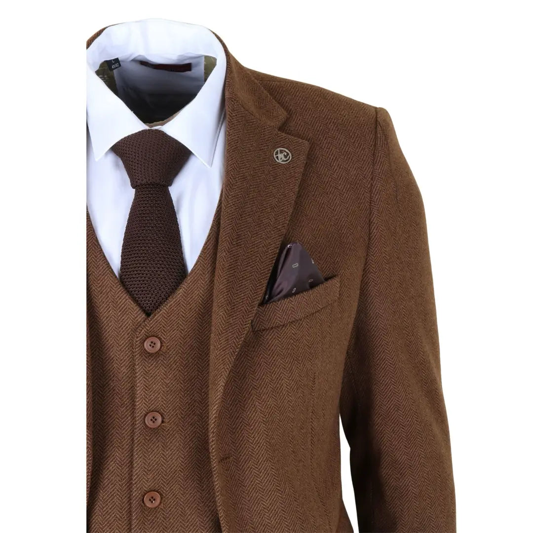 IM42 - Costume trois pièces en tweed à chevrons marron pour homme