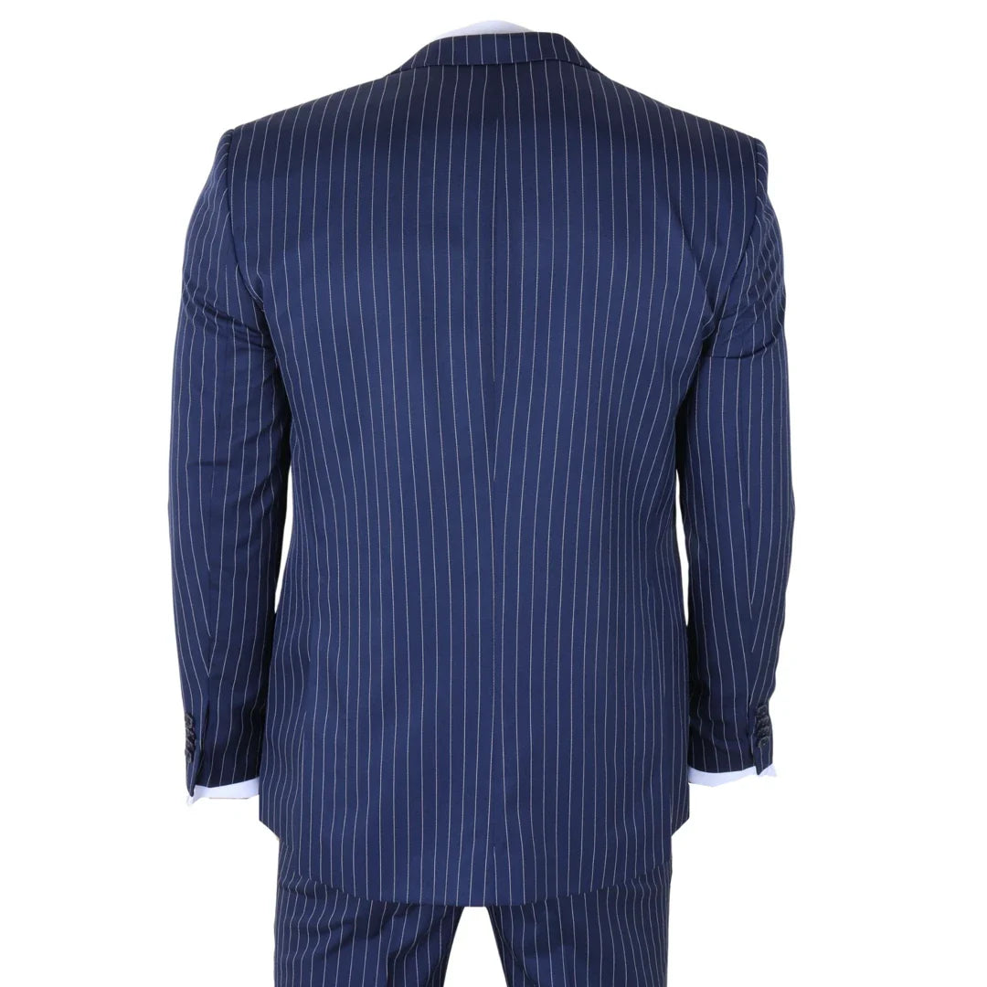 IM43 - Costume trois pièces bleu marine à fines rayures style Shelby pour homme