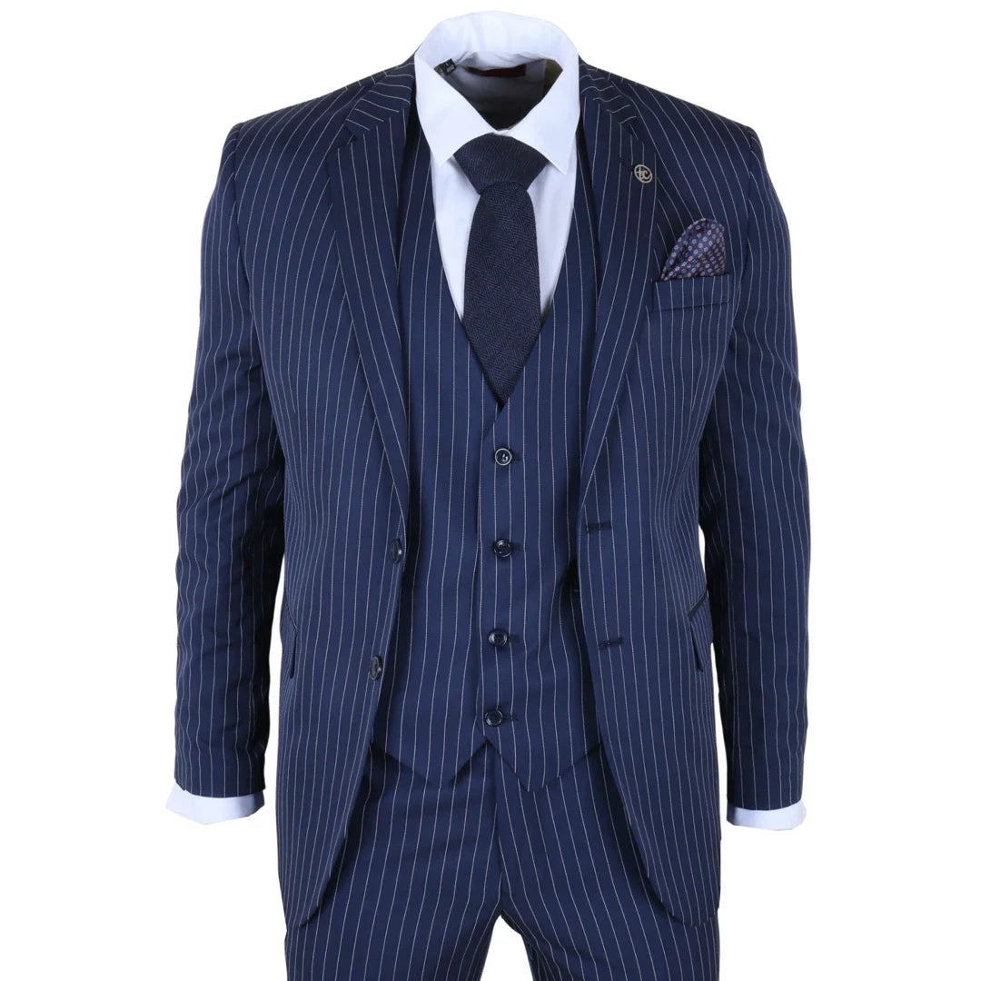 IM43 - Costume trois pièces bleu marine à fines rayures style Shelby pour homme