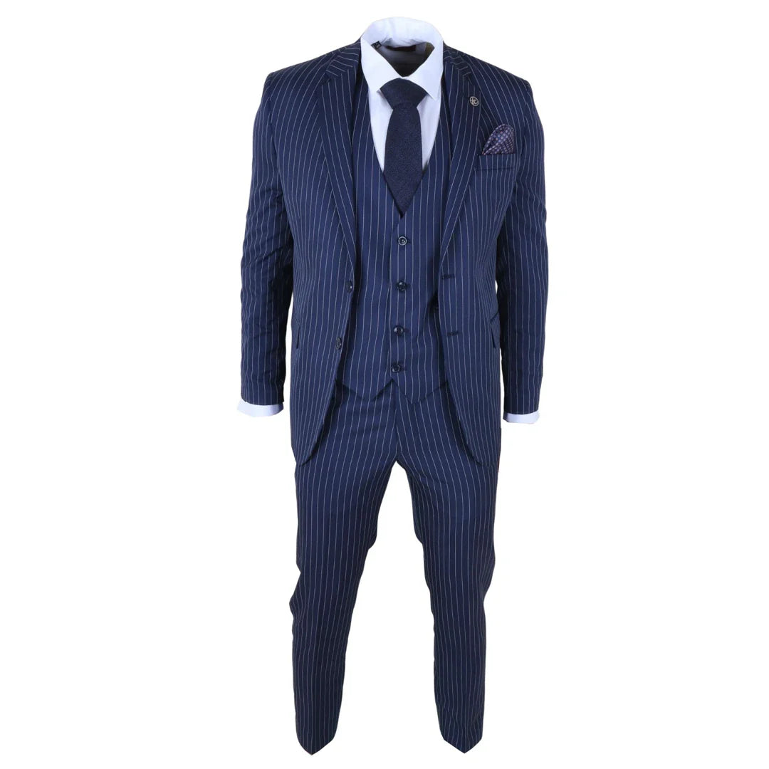 IM43 - Costume trois pièces bleu marine à fines rayures style Shelby pour homme