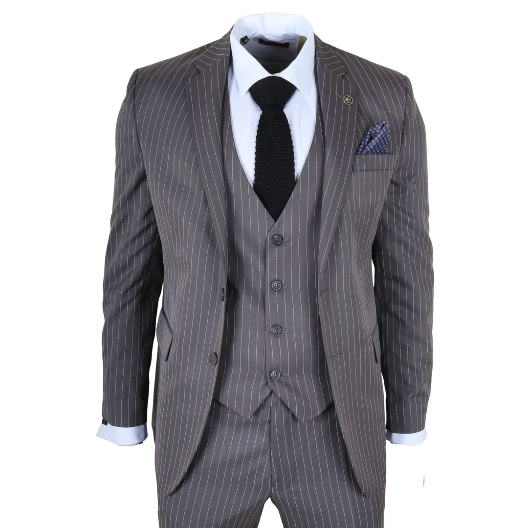 IM44 - Costume trois pièces gris à fines rayures pour homme, style Shelby