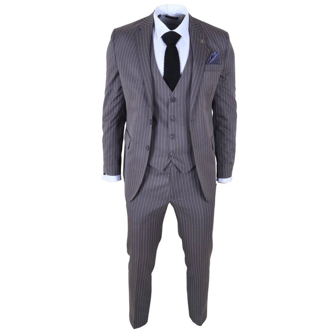 IM44 - Costume trois pièces gris à fines rayures pour homme, style Shelby
