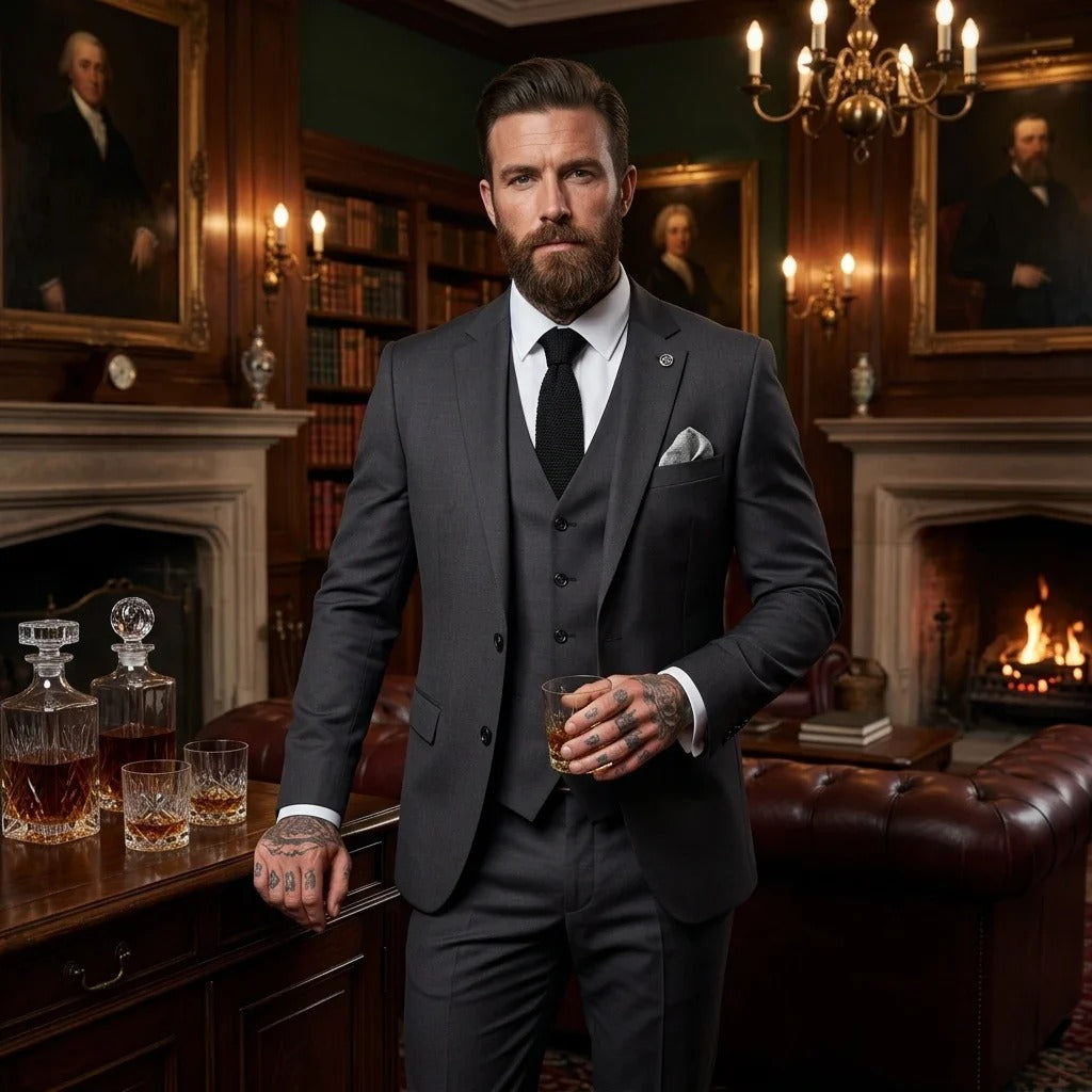 IM51 - Costume trois pièces pour homme à carreaux anthracite, coupe ajustée